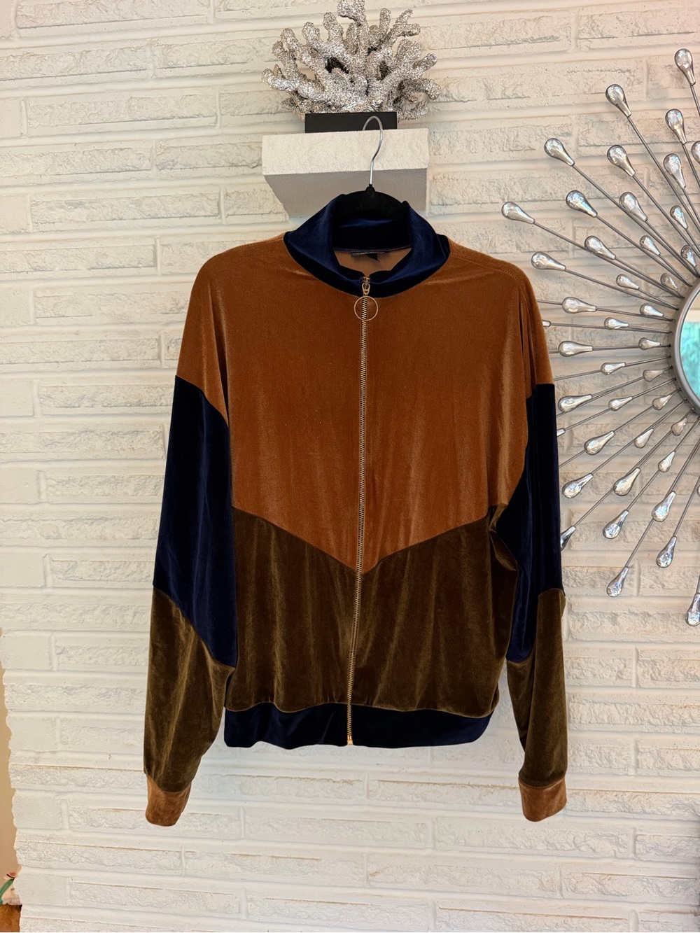 Colorblock Velvet Zip Jacket - Brown & Navy